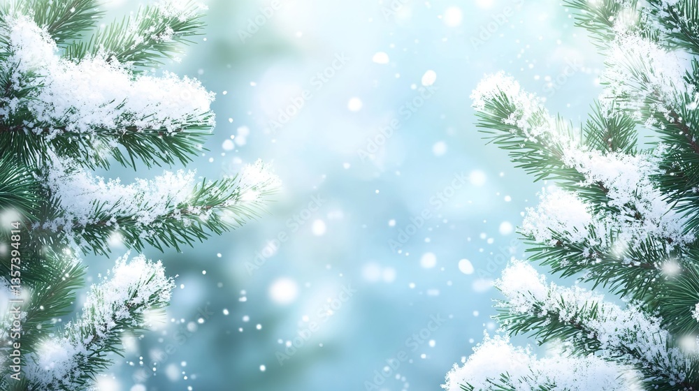 A digital art illustration of snow-covered pine branches, with a blurred snowy background, snowflakes gently falling A digital art illustration of snow-covered pine branches, with a blurred snowy background, snowflakes gently falling