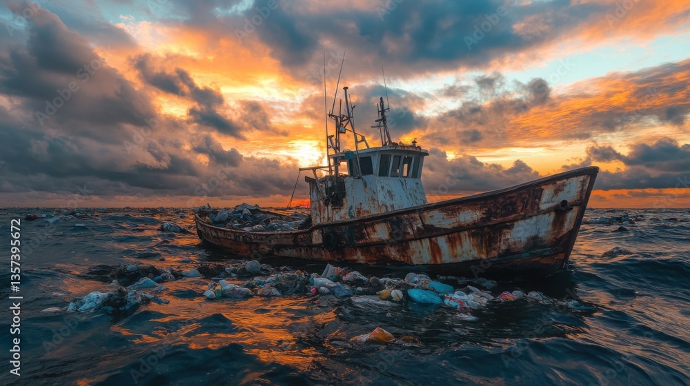 Fototapeta premium A rusty, abandoned fishing boat surrounded by floating garbage in the open ocean. 