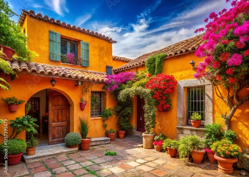 Vibrant Mexican Adobe House with Lush Courtyard, High Depth of Field
