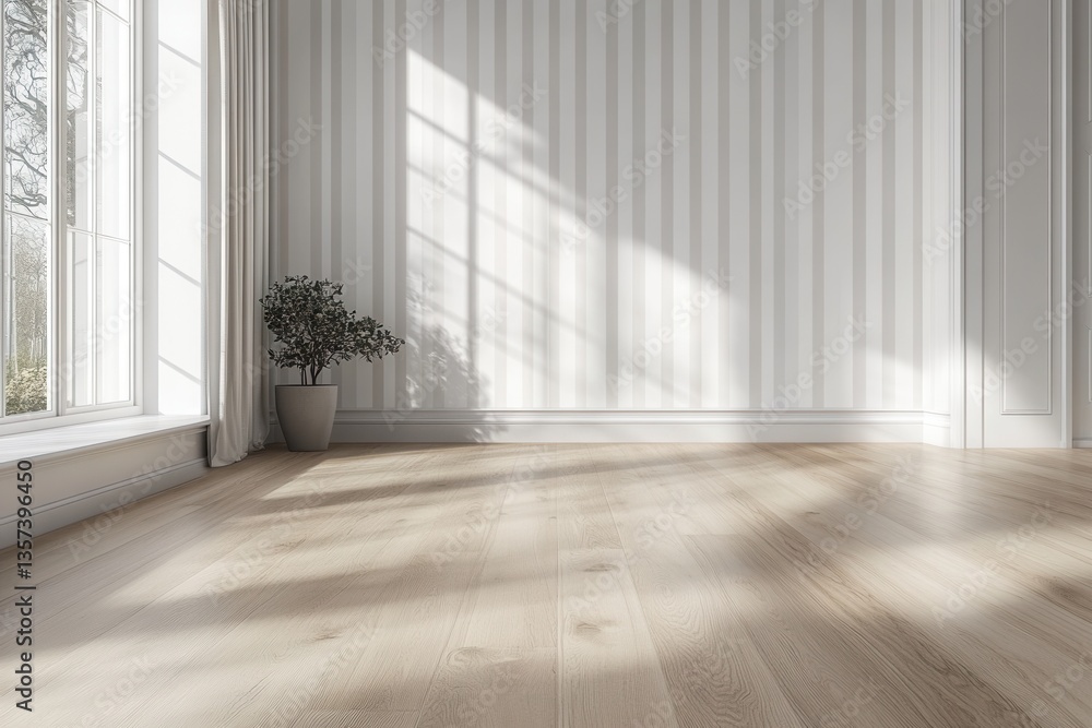 Serene interior featuring striped wallpaper sunlight streaming through window and potted plant in bright room Serene interior featuring striped wallpaper sunlight streaming through window and potted plant in bright room