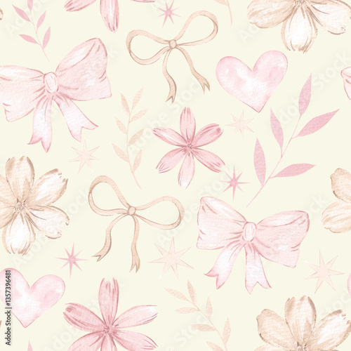 Watercolor seamless pattern with pink bows and flowers. Hand drawn print in pastel colors. Holiday background, Valentine's Day wallpaper, wrapping paper design and decoration, etc. Girly cute style.