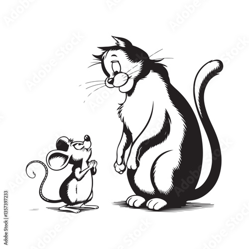 Cute cartoon squirrel holding an acorn and surrounded by playful pet animals including a cat and a mouse in a fun vector illustration