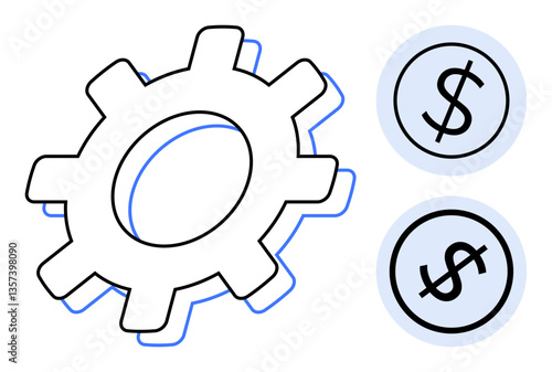 Large gear next to dollar signs conveys teamwork, productivity, investment processes, and monetary systems. Ideal for finance, business operations, investment, banking, economics planning