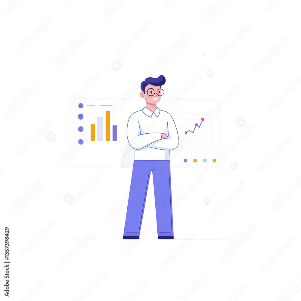 Businessman standing confidently in front of growth chart, white isolate background. Businessman standing confidently in front of growth chart, white isolate background.