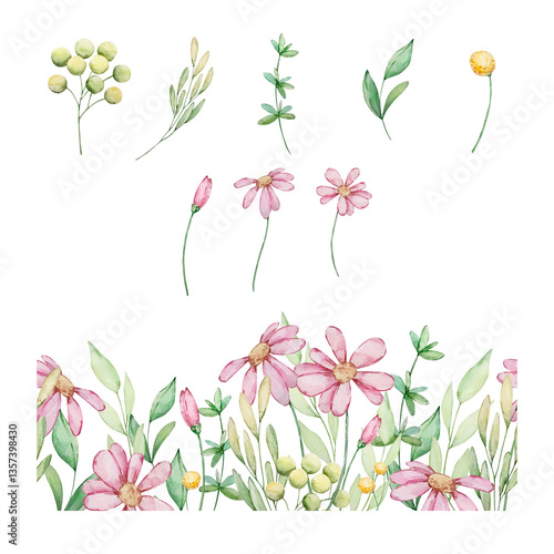 Wallpaper Mural Floral Seamless Border with watercolor pink flowers and green leaves Torontodigital.ca