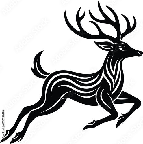 Running Deer Silhouette with Tribal Art Design – Black and White Wildlife Vector Illustration