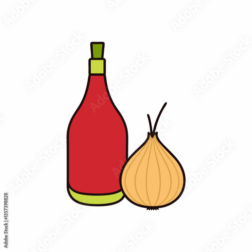  red onion next to a bottle of vinaigrette