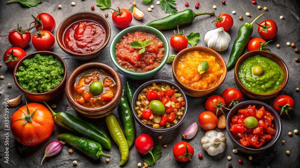 Vibrant Salsa Variety: Fresh Tomatoes, Peppers & Onions on Dark Background Vibrant Salsa Variety: Fresh Tomatoes, Peppers & Onions on Dark Background