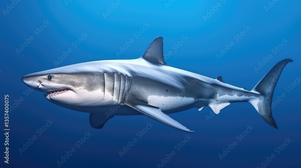 Naklejka premium Great White Shark in Blue Sea Background