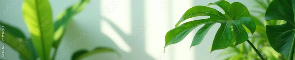 Fototapeta premium Blurred Tropical leaves natural shadow Trendy home gardening background with palm Monstera leaves overlay Natural Monstera deliciosa Swiss cheeseplant, home gardening, Swiss cheeseplant