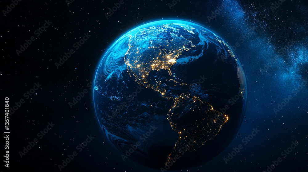 Obraz premium Earth from space showing north and south america with city lights and stars in the background