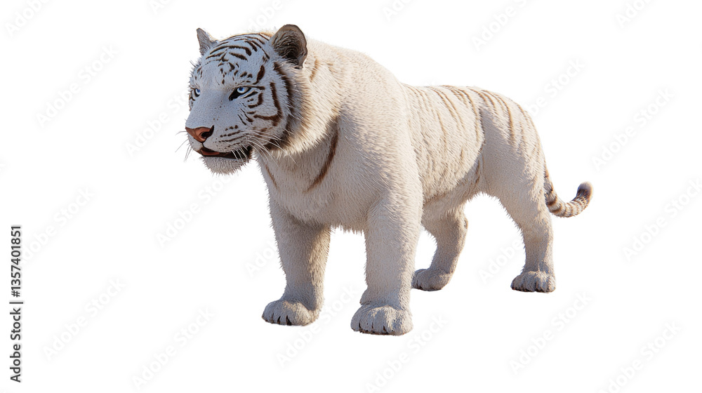Obraz premium White Tiger Standing on Transparent Background with Detailed Fur Texture and Fierce Expression