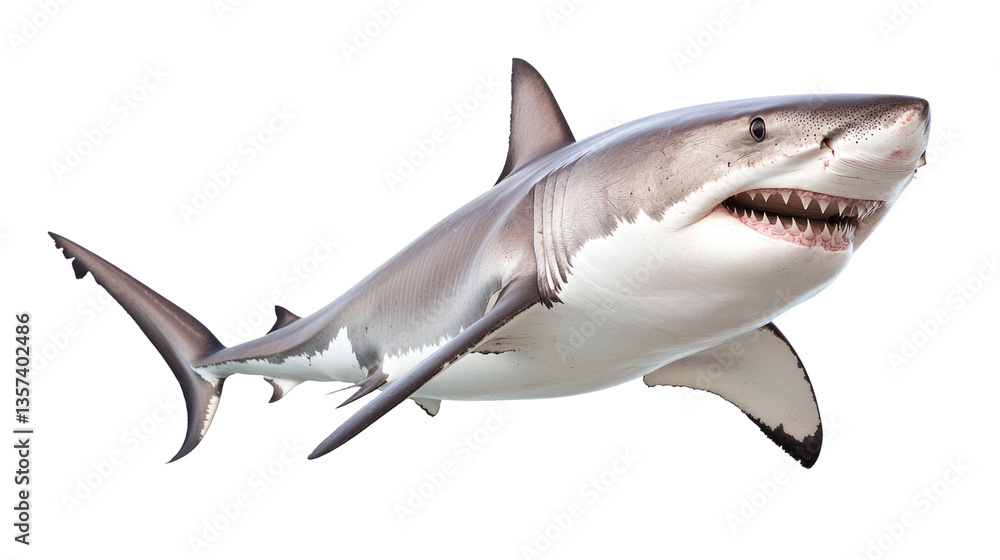 Fototapeta premium Realistic depiction of a great white shark swimming in clear blue ocean waters