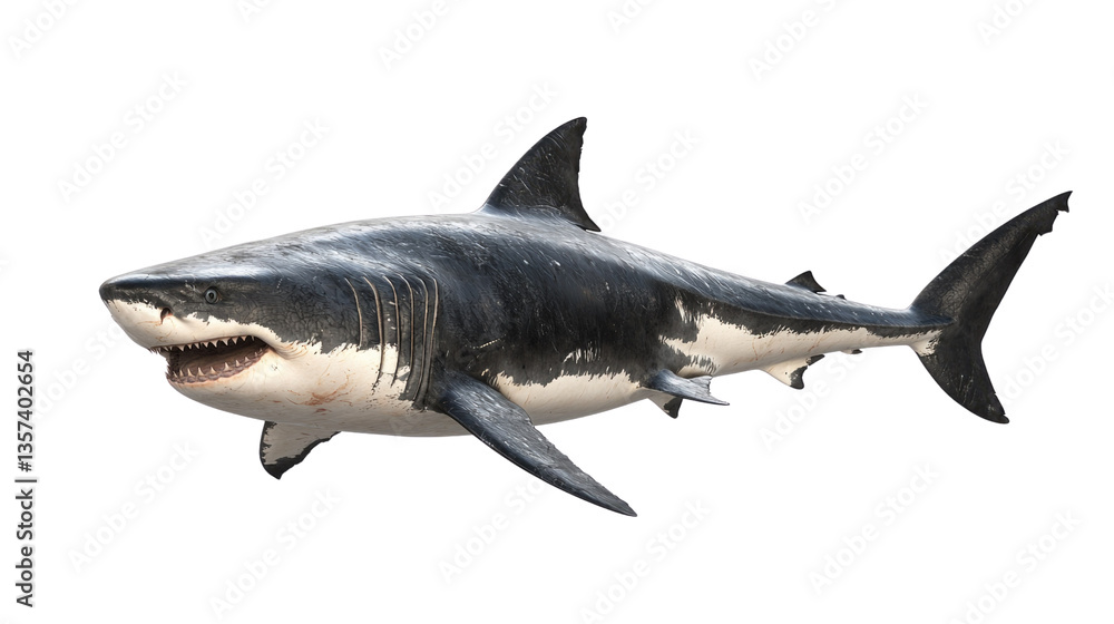 Fototapeta premium Realistic depiction of a great white shark swimming in a clear ocean environment