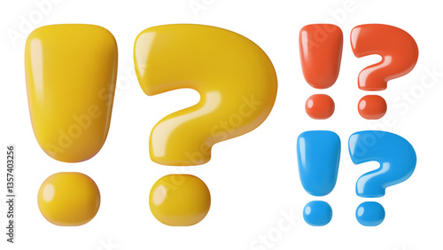 Question mark and exclamation point 3d yellow red and blue vector icons. Yellow, red and blue cartoon punctuation marks. 