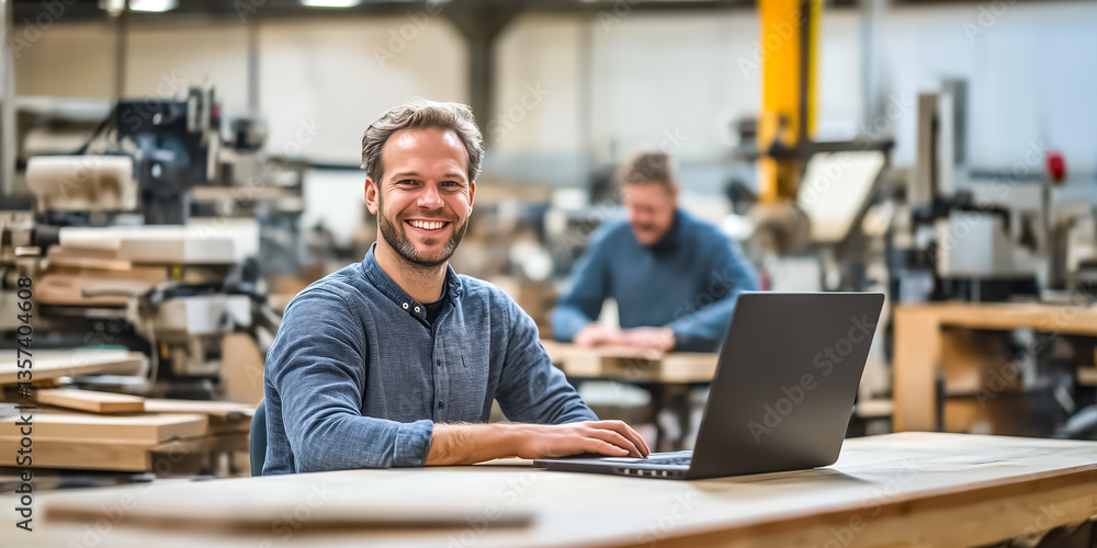 Smiling man working on a laptop in a busy woodworking workshop environment. Smiling man working on a laptop in a busy woodworking workshop environment.