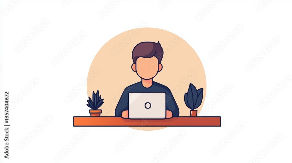 Illustration of a person working on a laptop at a desk with potted plants in a minimalist design. Illustration of a person working on a laptop at a desk with potted plants in a minimalist design.