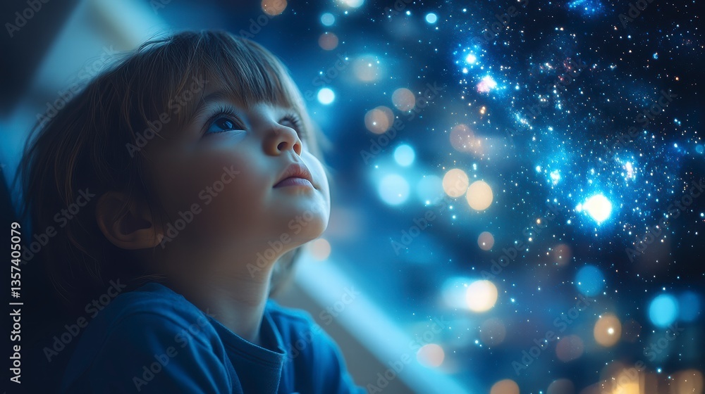 Child Gazing Up at Twinkling Stars in a Serene Night Sky with a Dreamy Atmosphere Child Gazing Up at Twinkling Stars in a Serene Night Sky with a Dreamy Atmosphere