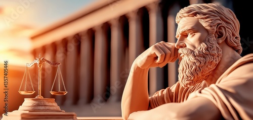 A thoughtful figure, resembling a philosopher, contemplates justice beside a scale, with classical architecture in the background, bathed in warm sunlight.