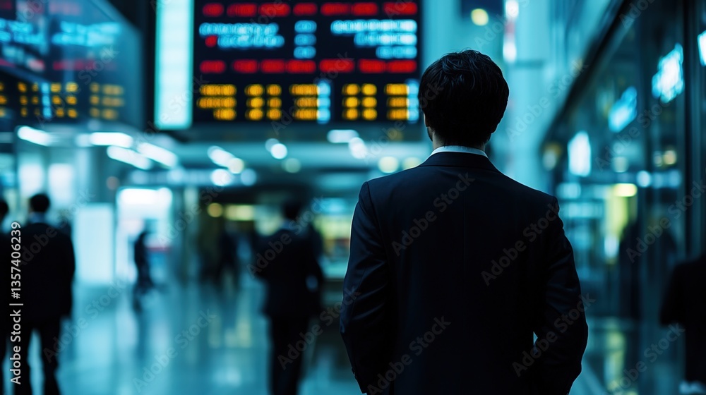 A photographic illustration of a person in a suit facing away from the camera, standing in front of a large stock trading screen displaying red and green stock data, blurred modern office background A photographic illustration of a person in a suit facing away from the camera, standing in front of a large stock trading screen displaying red and green stock data, blurred modern office background