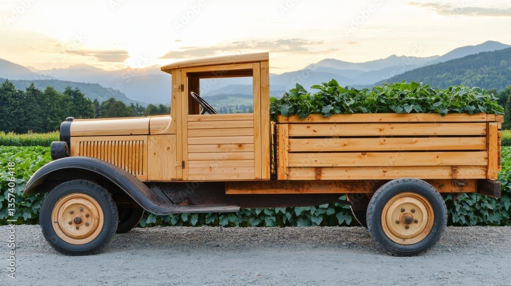 Obraz premium Vintage wooden truck loaded with fresh green vegetables in a scenic landscape