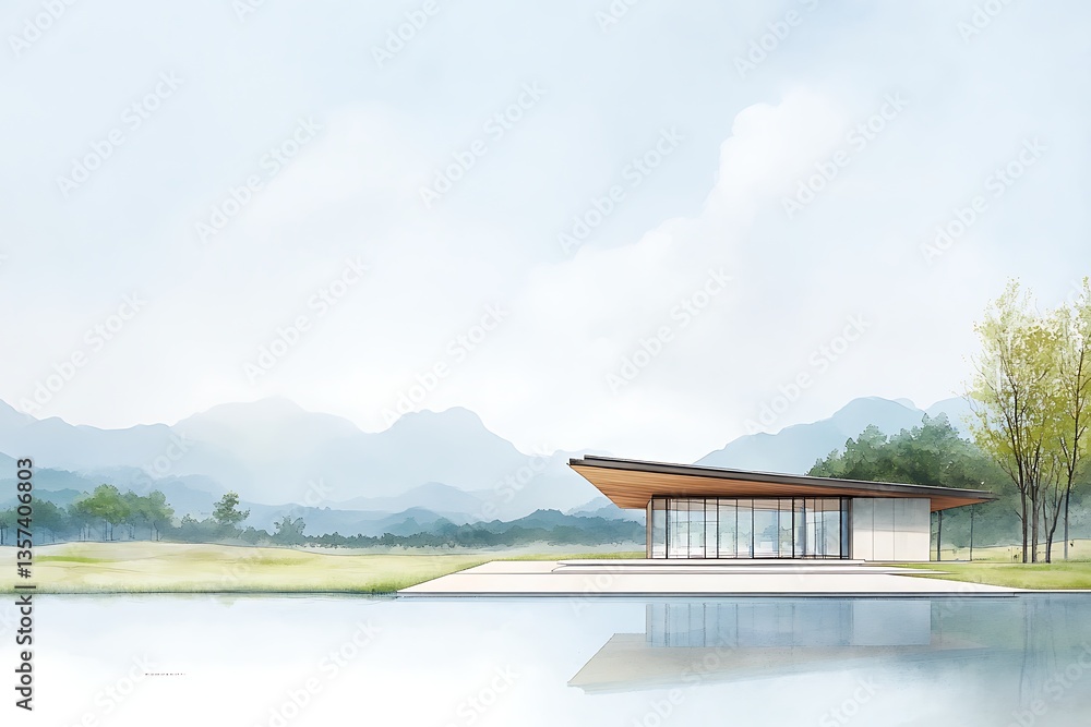 Fototapeta premium Modern Pavilion Lakeside Mountain View.