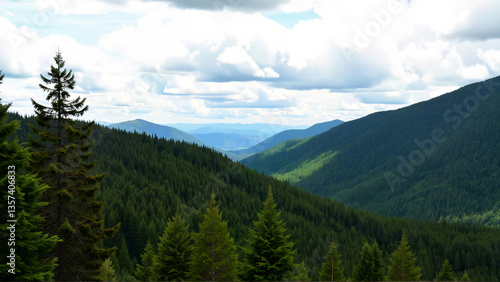 Lush Green Mountains Under a Bright Sky with Dramatic Clouds