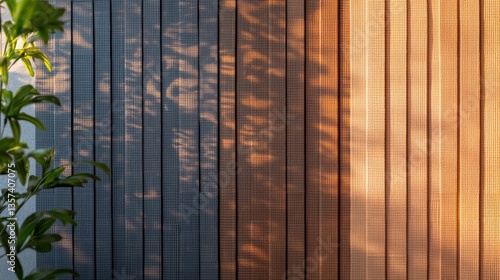 Wallpaper Mural Sunlight Casting Dd Shadows from Hidden Foliage onto Vertical Panels of Dark Gray and Warm Brown on a Wall in a Serene Outdoor Setting Torontodigital.ca