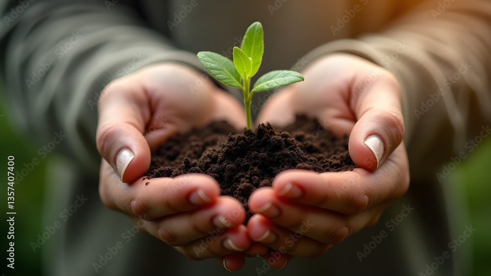 Hands holding a small plant seedling in soil, symbolizing new life, growth, and environmental care. Hands holding a small plant seedling in soil, symbolizing new life, growth, and environmental care.