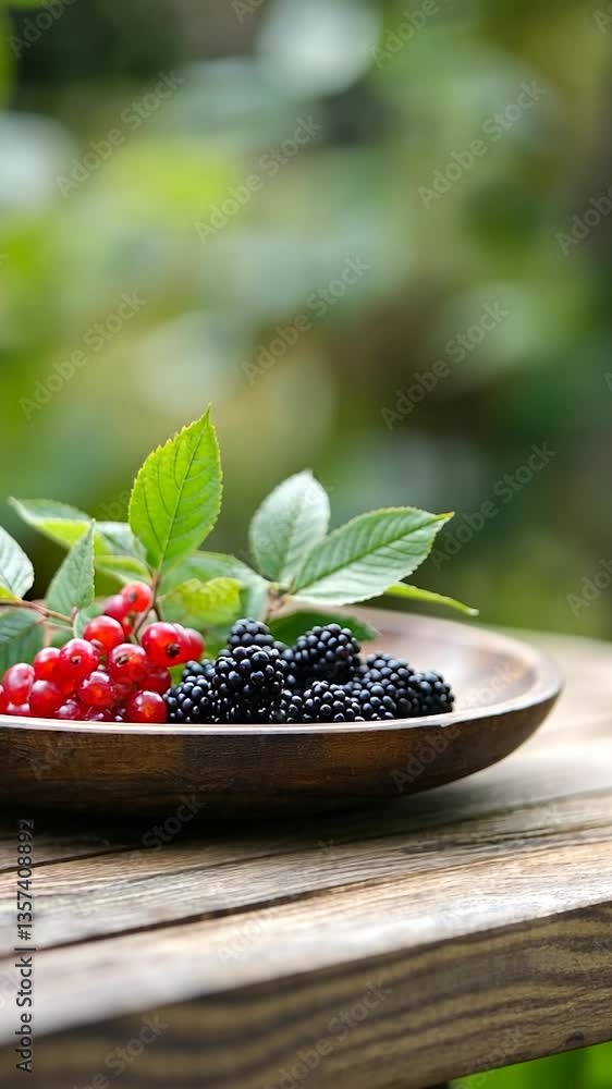 A rustic wooden bowl filled with fresh blackberries and red currants, surrounded by greenery A rustic wooden bowl filled with fresh blackberries and red currants, surrounded by greenery