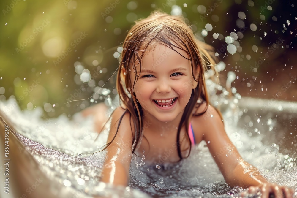Obraz premium Joyful child enjoying a thrilling water slide experience