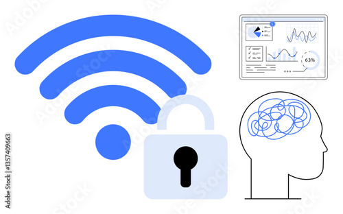 Blue wireless symbol with secure padlock, human profile with abstract brain lines, and analytical dashboard data. Ideal for cybersecurity, AI, data protection, privacy, digital communication