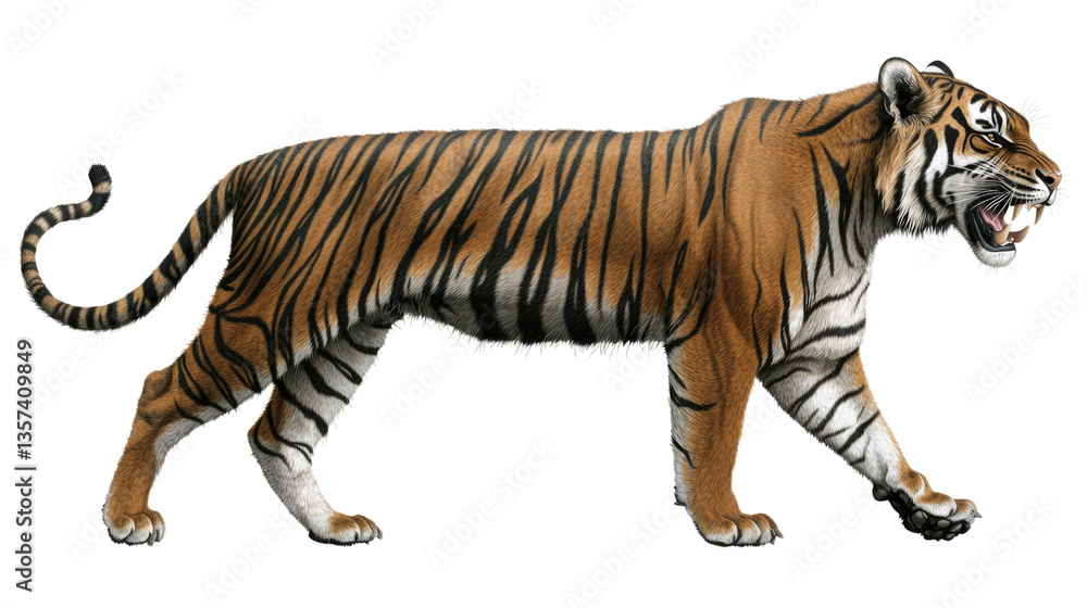 Fototapeta premium Striking Illustration of a Walking Tiger with Distinct Stripes and Intent Gaze in Profile View