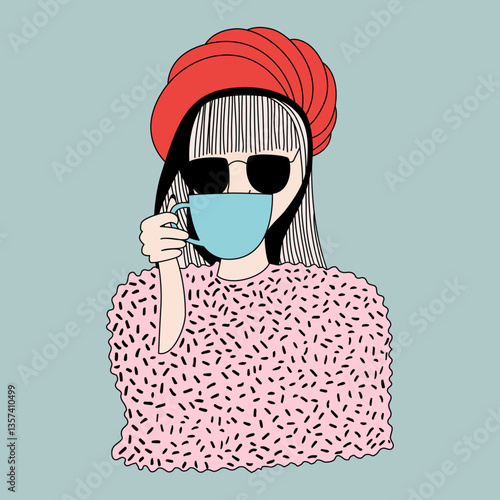 Stylized Woman with Red Beret and Coffee Portrait