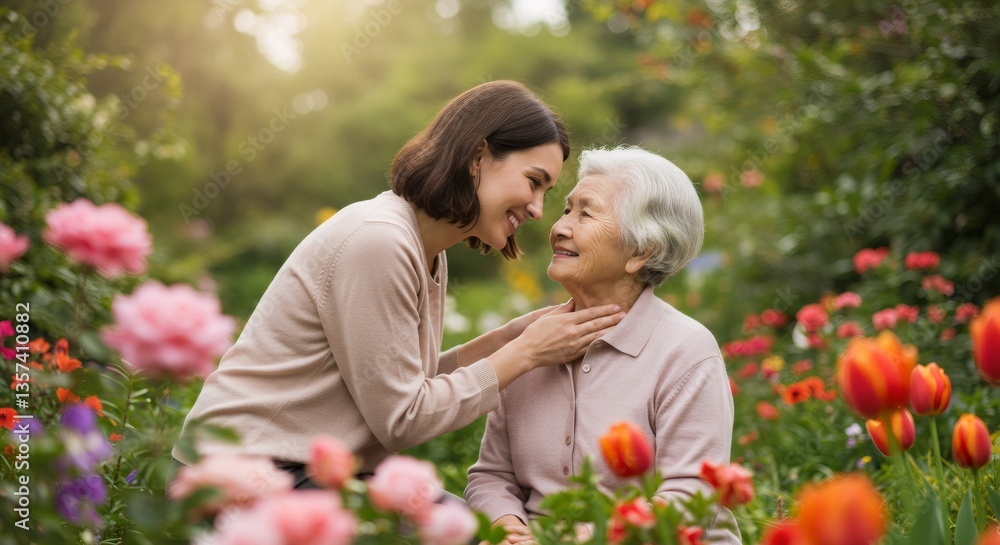 Heartwarming moment between young woman and elderly lady in blooming garden. Intergenerational bond. Mother's Day, Grandparents Day, or International Day of Older Persons concept Heartwarming moment between young woman and elderly lady in blooming garden. Intergenerational bond. Mother's Day, Grandparents Day, or International Day of Older Persons concept