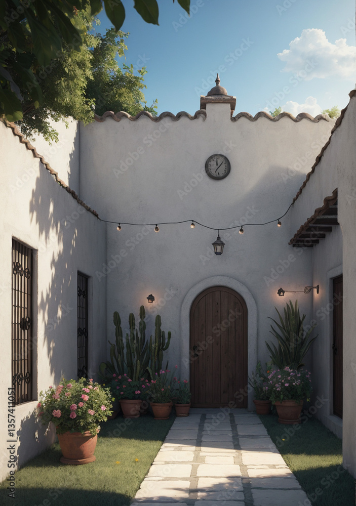 Naklejka premium entrance to the old church in mission architecture style and modern string lights added to it