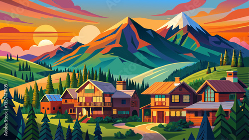 Mount Crested Butte, Colorado village in summer with colorful sunrise by wooden lodging houses on hills with green trees