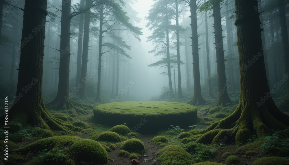 Obraz premium Enchanted Foggy Forest Mystical Mossy Grove with Circular Platform