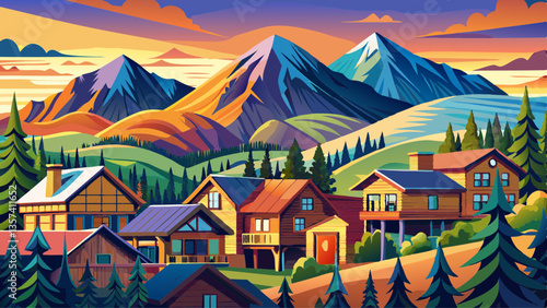 Mount Crested Butte, Colorado village in summer with colorful sunrise by wooden lodging houses on hills with green trees