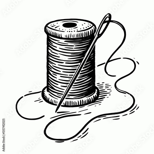 Detailed pencil sketch illustration on a light background - sewing thread, needle