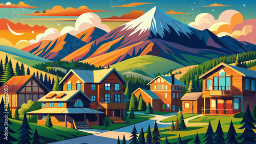 Mount Crested Butte, Colorado village in summer with colorful sunrise by wooden lodging houses on hills with green trees