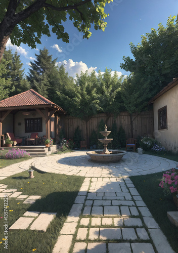 old house in the park with big stone fountain and fancy backyard layouit