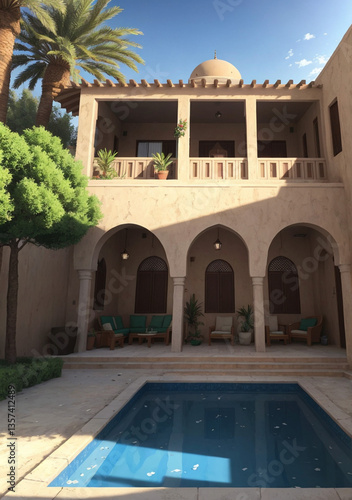 luxury swimming pool in a two-story home with arches in Moroccan style