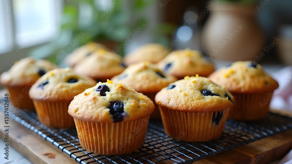 Freshly Baked Blueberry Muffins with Citrus Zest on a Wire Rack Freshly Baked Blueberry Muffins with Citrus Zest on a Wire Rack