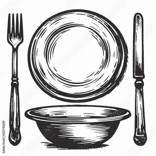 Vintage silverware and dishware arranged on a table  