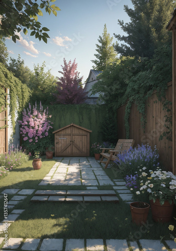 path in the garden with tiny storage shed and blooming spring flowers