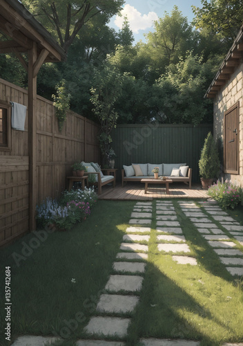 old house in the garden with lovely uncovered patio in English garden style