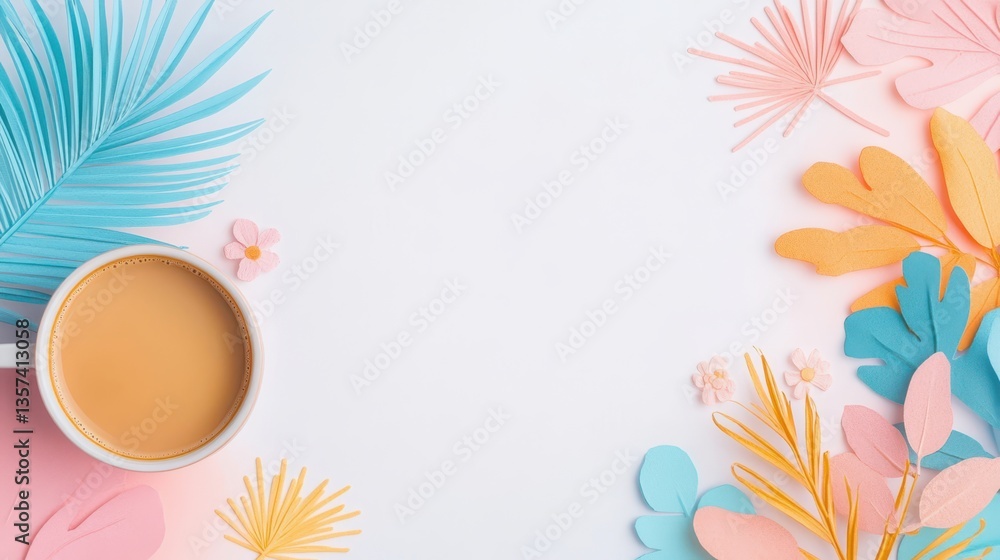 Cup of Coffee with Pastel Paper Plants and Flowers on White Background Cup of Coffee with Pastel Paper Plants and Flowers on White Background