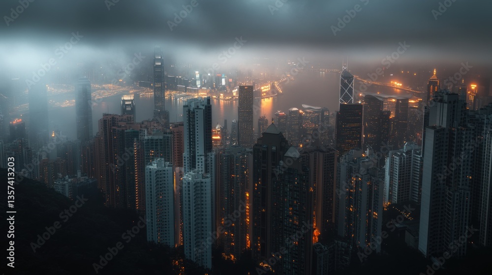 Hong Kong city skyline at night, foggy mountaintop view Hong Kong city skyline at night, foggy mountaintop view