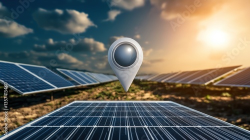 A location pin embedded in a natural landscape with solar panels, symbolizing sustainable energy